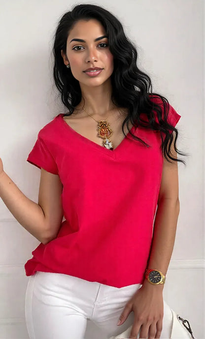 V-Neck Short Sleeve T-Shirt Red