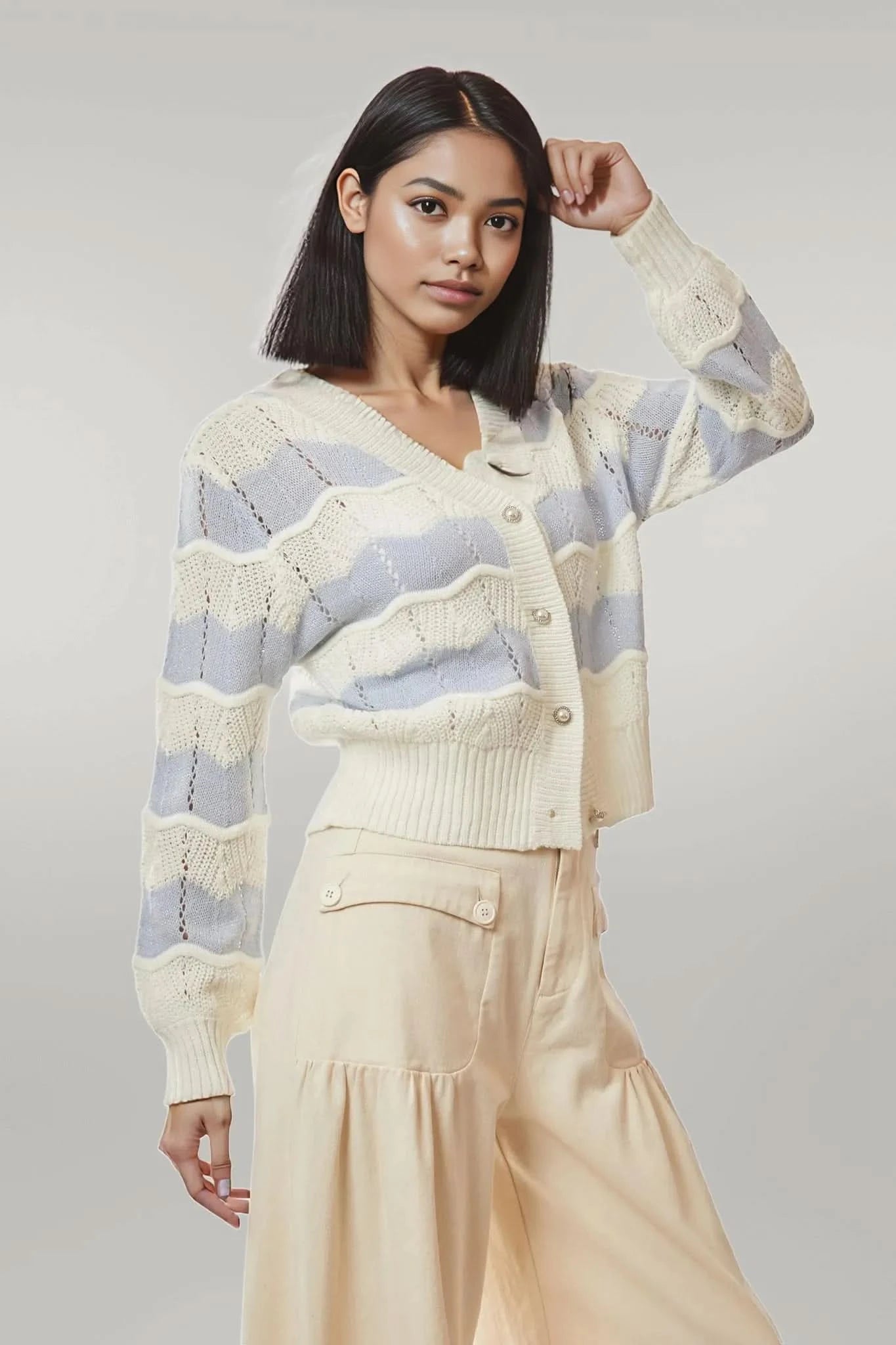Davi & Dani Button Up Front V Neckline Cardigan Sweater WHITE LIGHT BLUE
