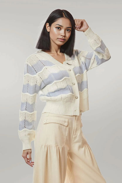 Davi & Dani Button Up Front V Neckline Cardigan Sweater WHITE LIGHT BLUE