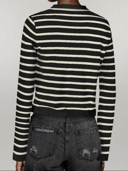 Striped Round Neck Button Up Long Sleeve Cardigan