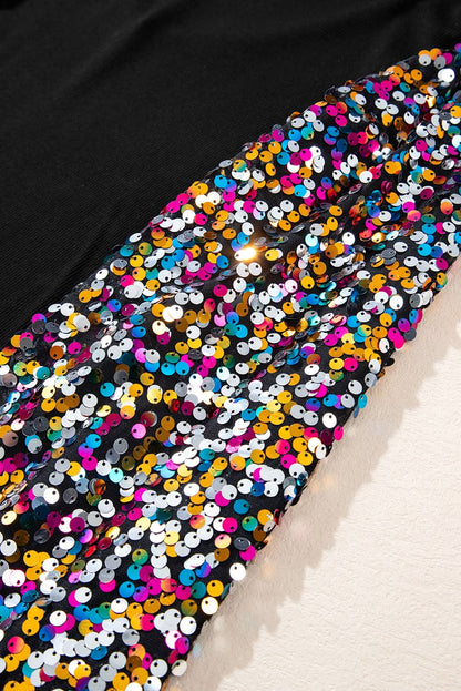 Black Sequin Bishop Sleeve U Neck Mini Sweater Dress Black 93%Viscose+7%Elastane