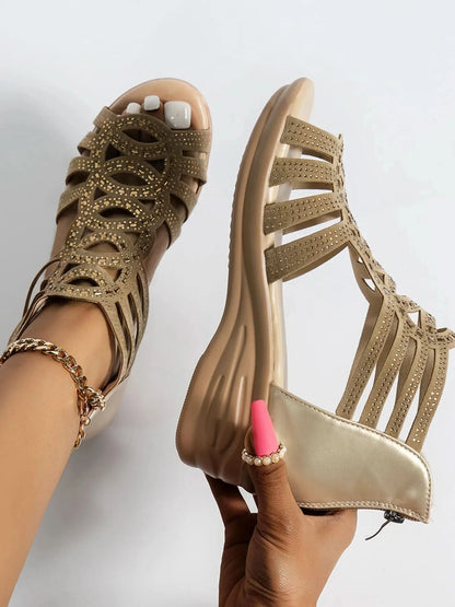 Strappy Wedge Sandals with Rhinestone Details