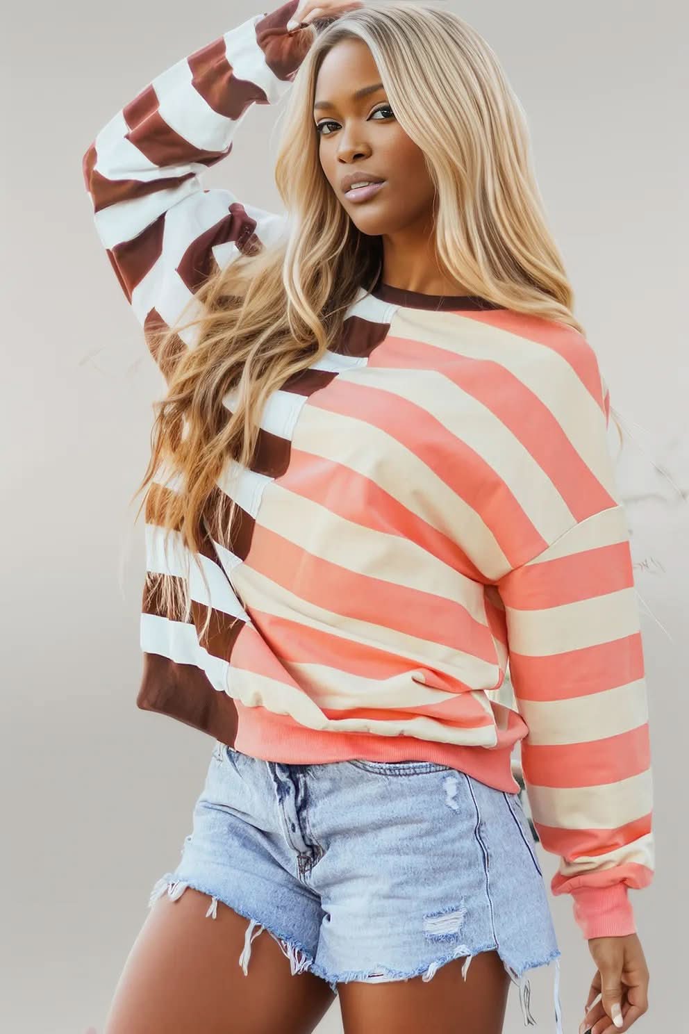 Brown Stripe Color Block Drop Shoulder Pullover Sweatshirt Brown Stripe 95%Cotton+5%Elastane