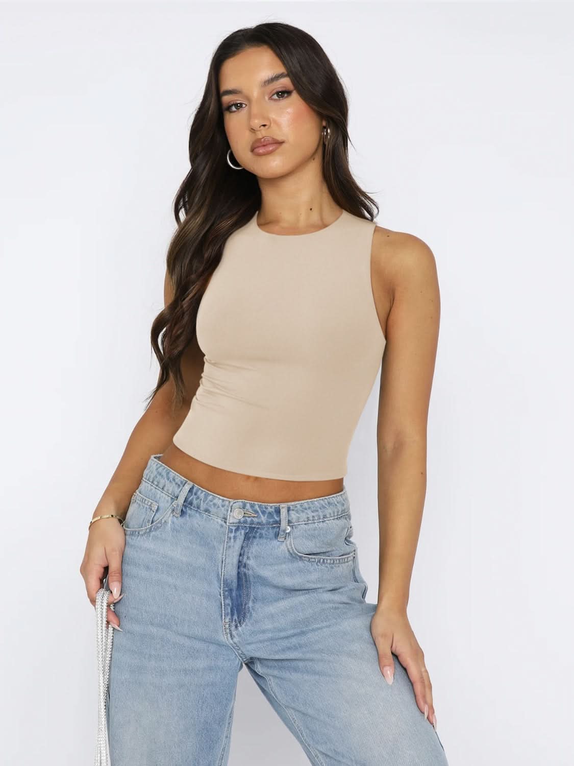 Round Neck Cropped Tank Tan