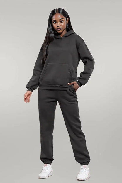 Drop Shoulder Long Sleeve Hoodie and Pants Set Dark Gray