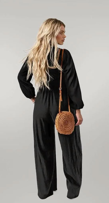 Square Neck Raglan Sleeve Jumpsuit with Pocket Black