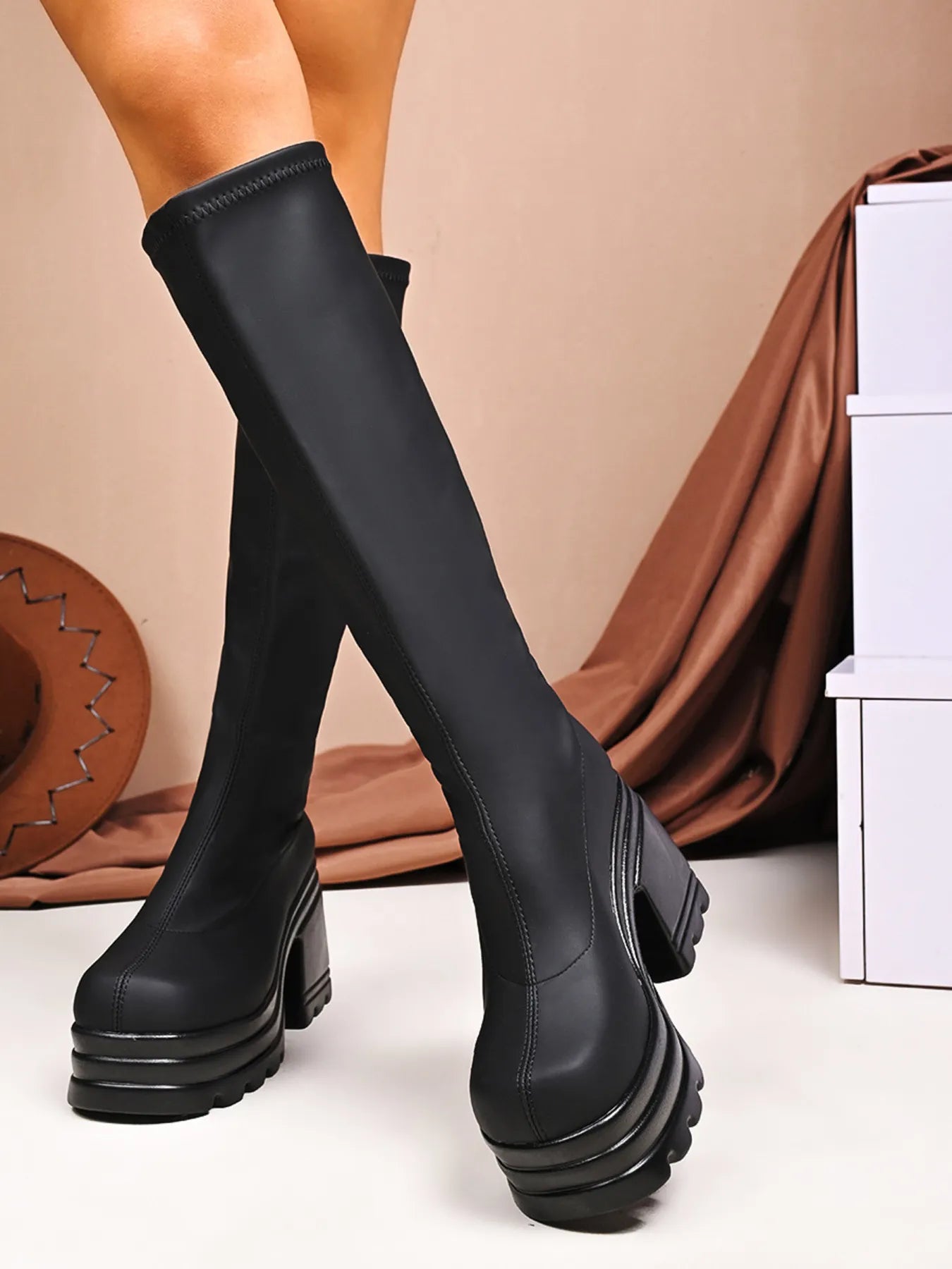 Square Toe Platform Block Heels Boots Black