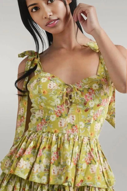 MABLE Floral Print Shoulder Tie Layered Mini Dress