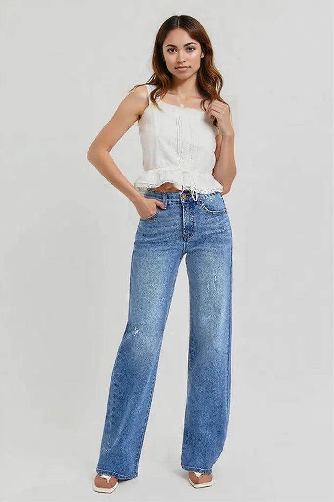 RISEN Full Size Tummy Control Elastic Band High Rise Wide Jeans