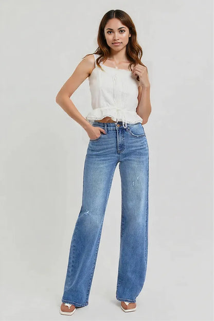 RISEN Full Size Tummy Control Elastic Band High Rise Wide Jeans