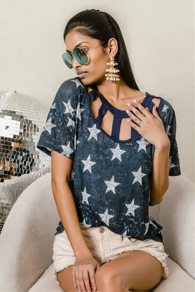 BiBi Vintage Star Print Top With Contrast Caged Neck