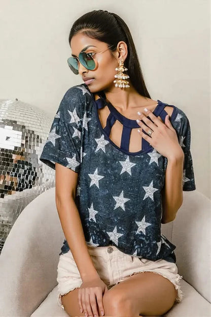BiBi Vintage Star Print Top With Contrast Caged Neck