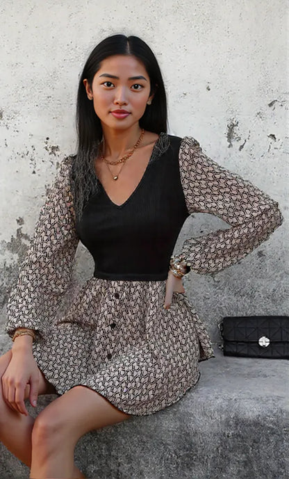 Printed V-Neck Long Sleeve Dress