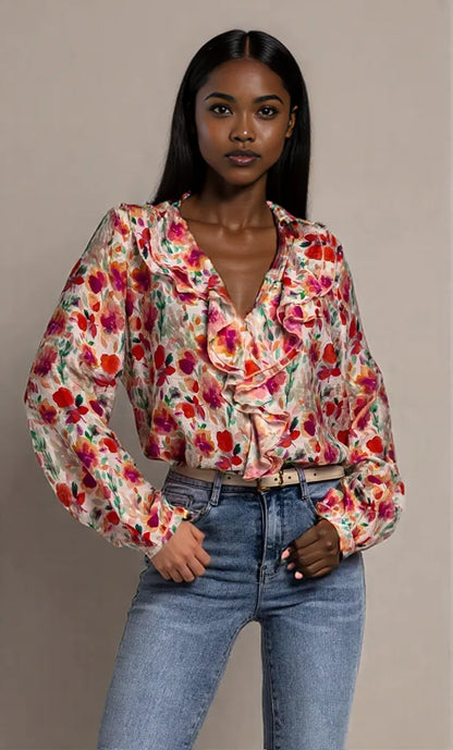 Floral Print Ruffle V-Neck Long Sleeve Blouse Floral