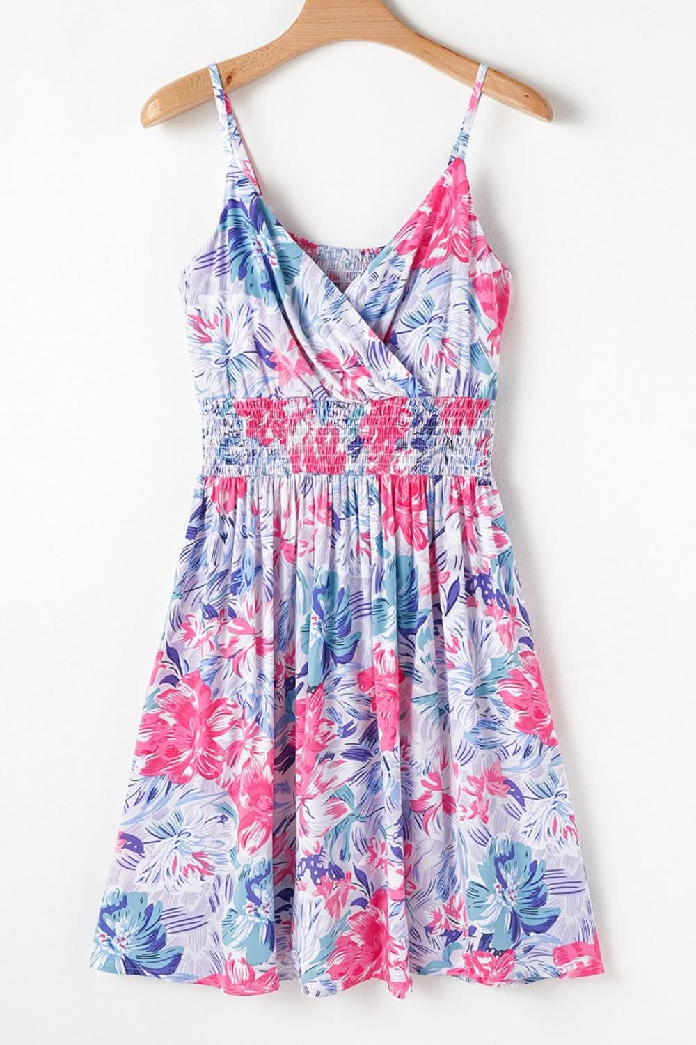 Floral Spaghetti Strap Surplice Neck Shirred Waist Mini Dress Floral