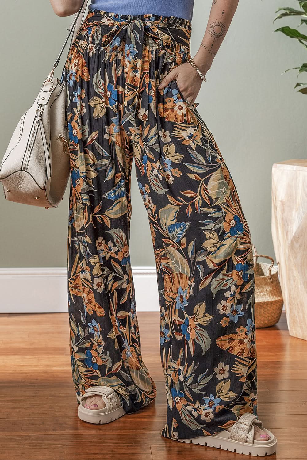 Multicolour Floral Shirred High Waist Wide Leg Pants with Tie Multicolour 100%Viscose