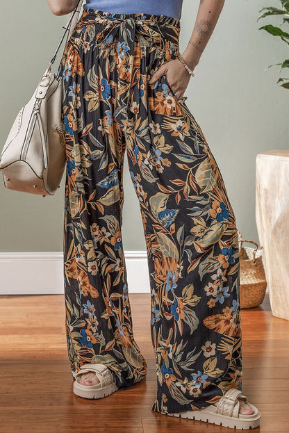 Multicolour Floral Shirred High Waist Wide Leg Pants with Tie Multicolour 100%Viscose