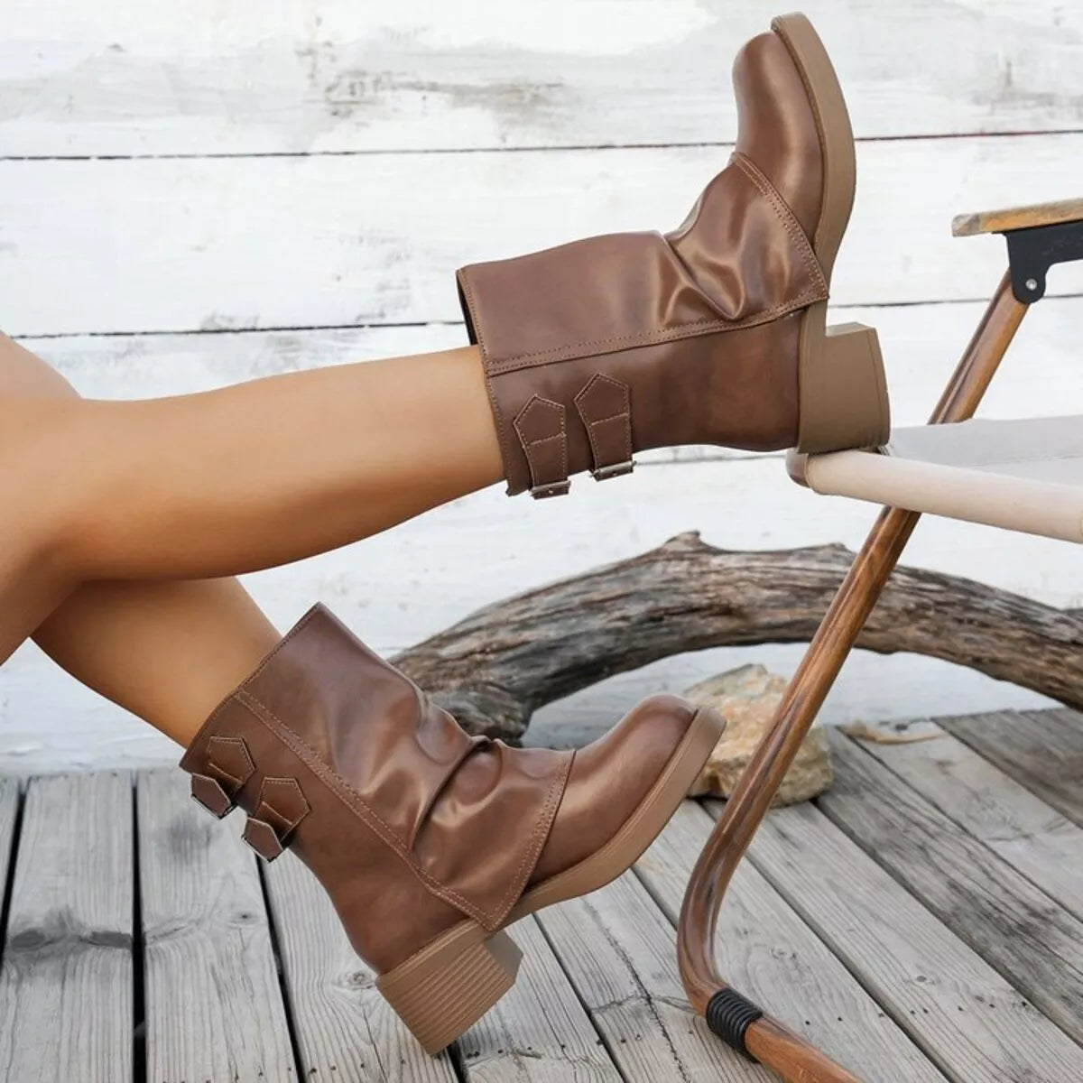 Round Toe Block Heels Boots