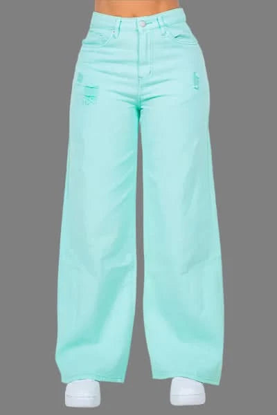 American Bazi High Waist Distressed Wide Leg Jeans Mint Blue