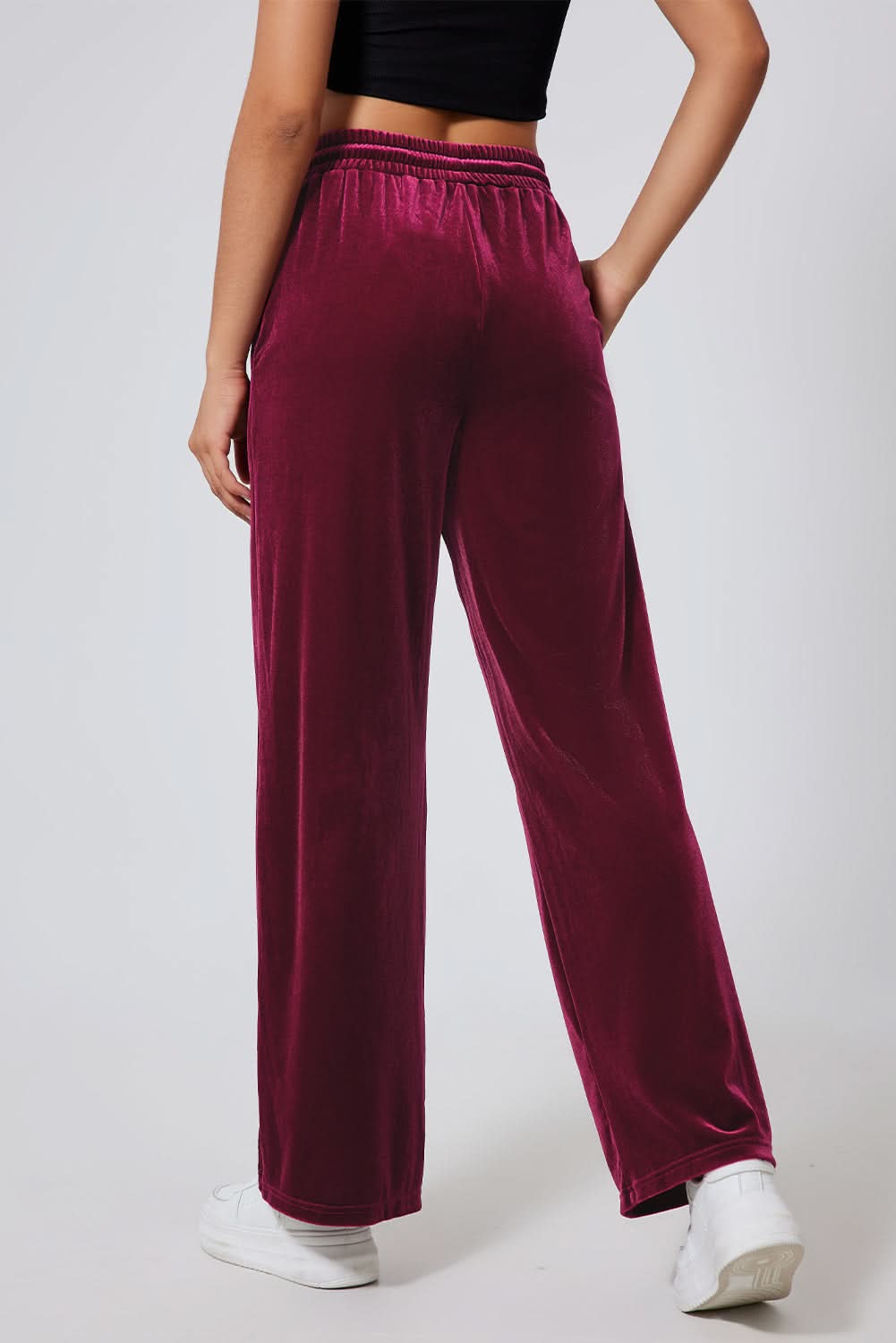 Black Solid Drawstring Waist Wide Leg Pants Burgundy 95%Polyester+5%Elastane