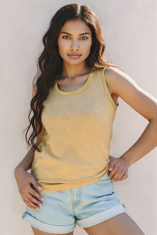 Tan Metallic Sheen Edge Scoop Neck Tank Top Tan 65%Polyester+35%Cotton