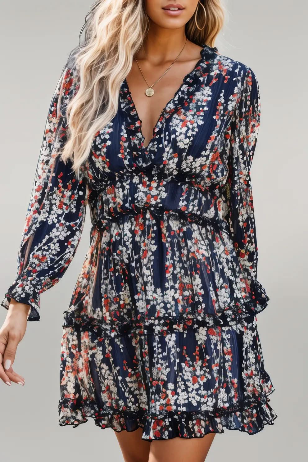 Blue Ruffle Detailing Open Back Floral Dress Blue 95%Polyester+5%Spandex