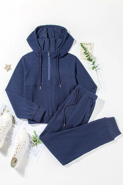 Drawstring Half Zip Hoodie and Joggers Active Set Navy