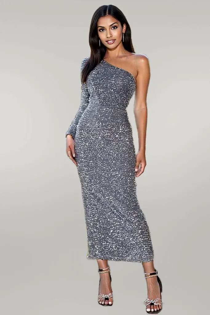 Elegant One-Shoulder Long Sleeve Dress Cloudy Blue
