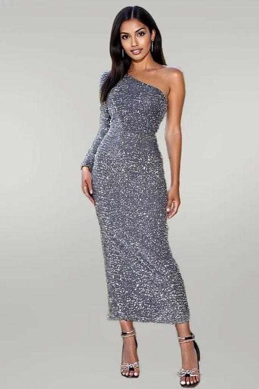 Elegant One-Shoulder Long Sleeve Dress Cloudy Blue