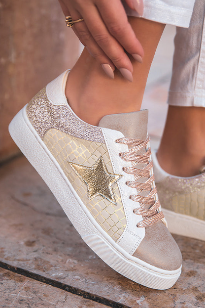 Gold Glitter Star Patchwork PU Leather Lace-up Sneakers Gold 70%PVC+30%PU