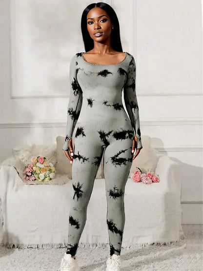 Scoop Neck Long Sleeve Active Jumpsuit Gray