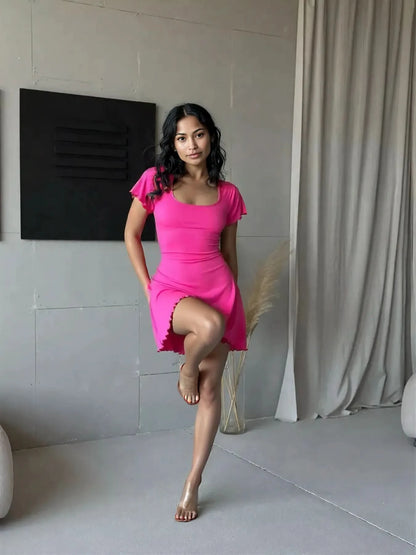 Ribbed Back Lace Up Short Sleeve Mini Dress