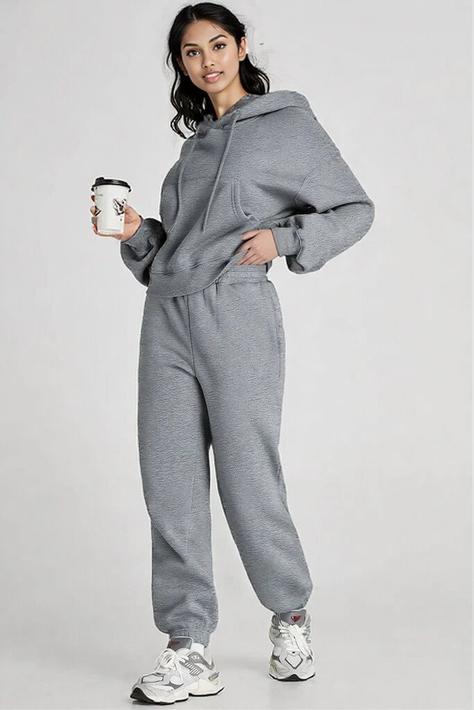 Dropped Shoulder Hooded Top and Pants Active Set Gray