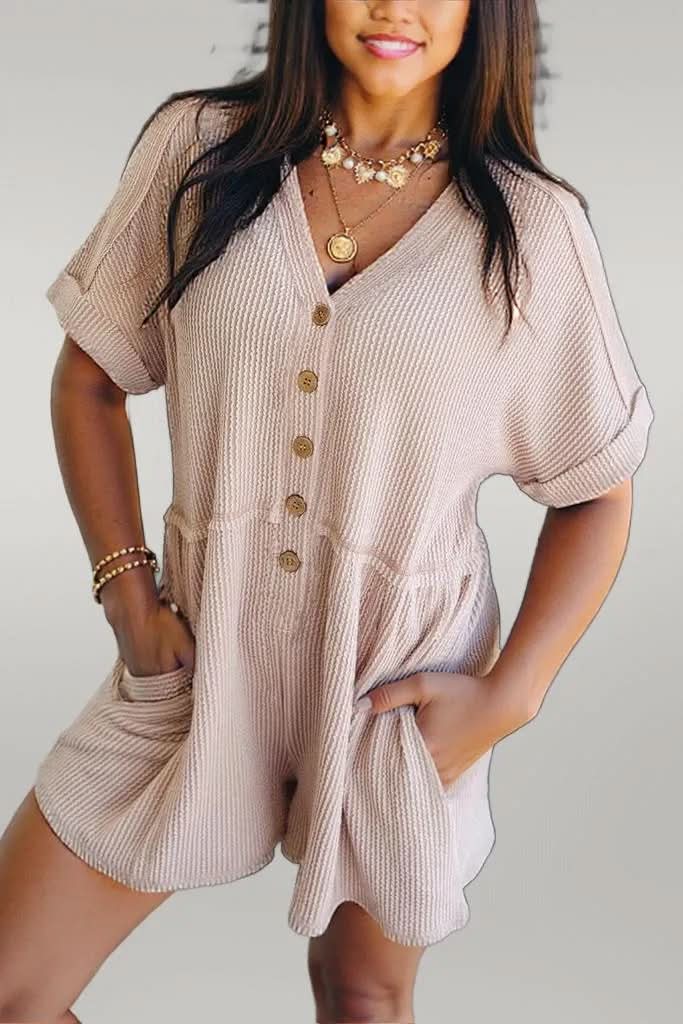 Parchment Spiral Ribbed Short Sleeve V Neck Buttoned Romper with Pocket Parchment 75%Polyester+20%Viscose+5%Elastane