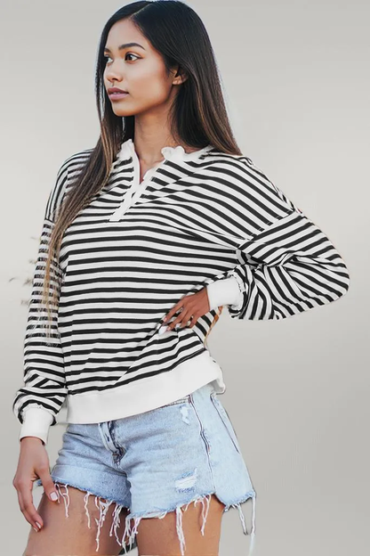 White Stripe Color Block Buttoned Crew Neck Oversized Sweatshirt