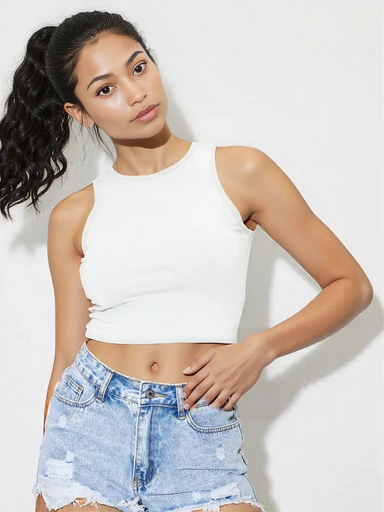 Round Neck Cropped Tank White