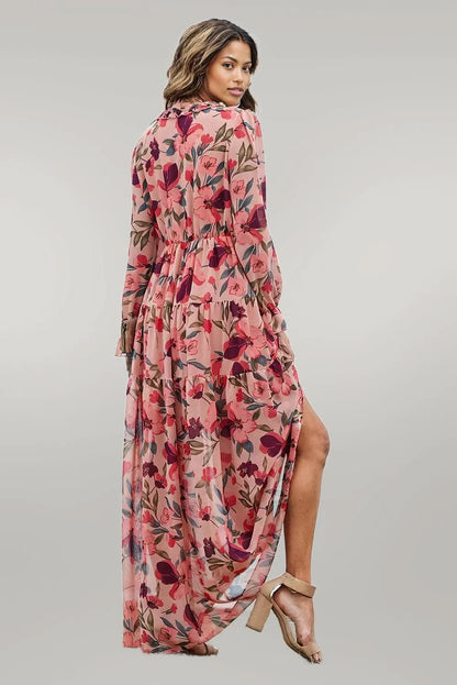 Floral Frill Trim Flounce Sleeve Plunge Maxi Dress Floral