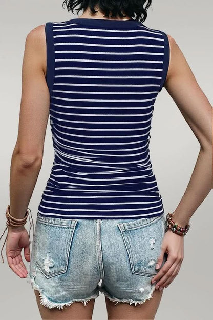 Pink Stripe Contrast Round Neck Sleeveless Slim Top