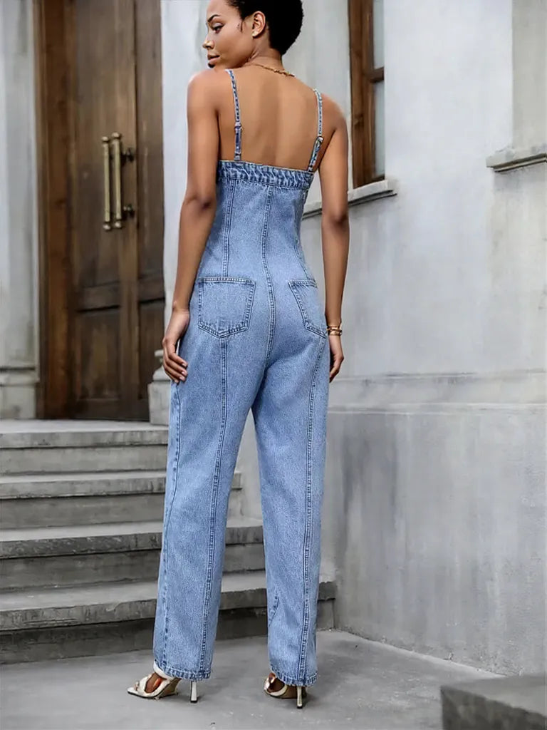 Spaghetti Strap Denim Overalls with Pockets