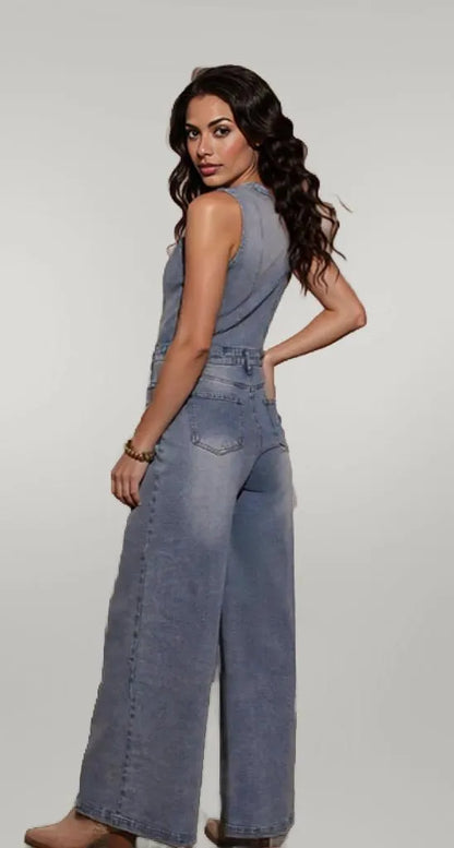 V-neck Wide Leg Denim Jumpsuit Medium