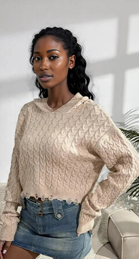 Cable-Knit Dropped Shoulder Hooded Sweater