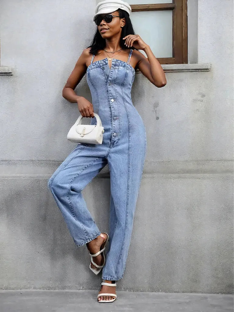 Spaghetti Strap Denim Overalls with Pockets