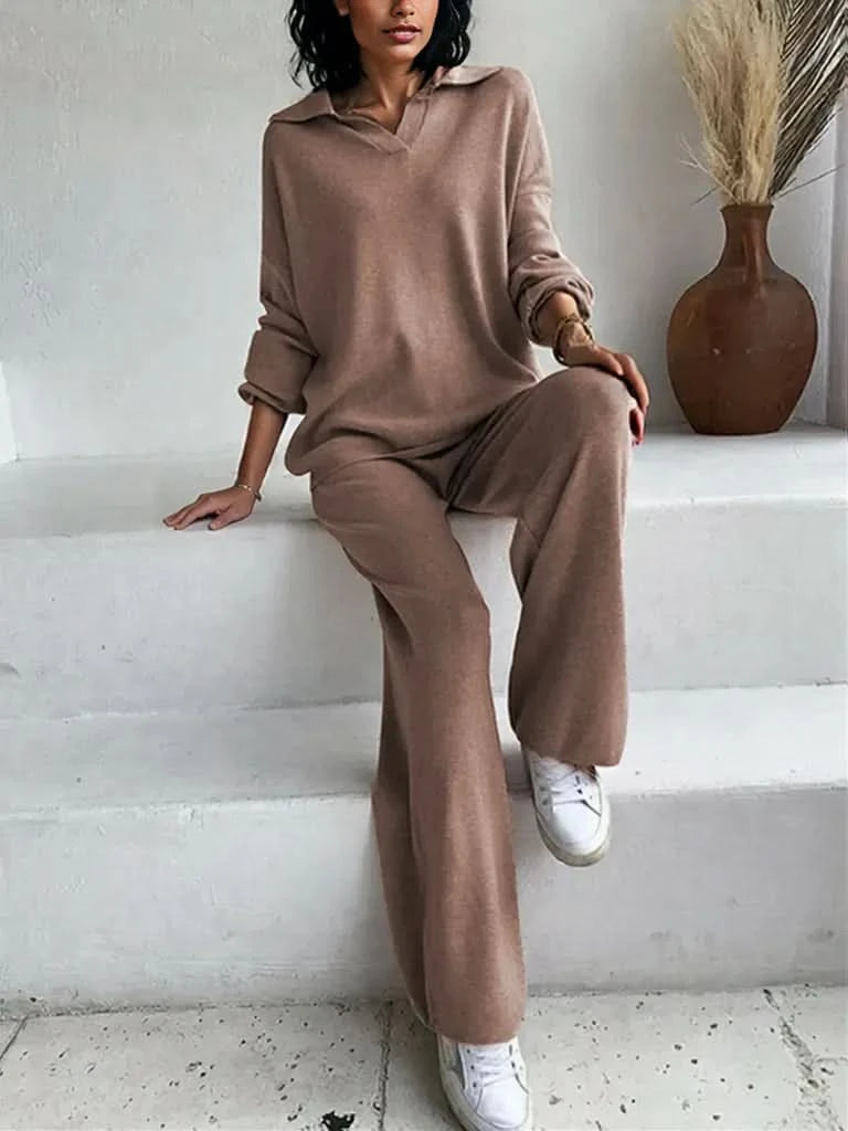 Johnny Collar Long Sleeve Top and Pants Sweater Set Taupe One Size