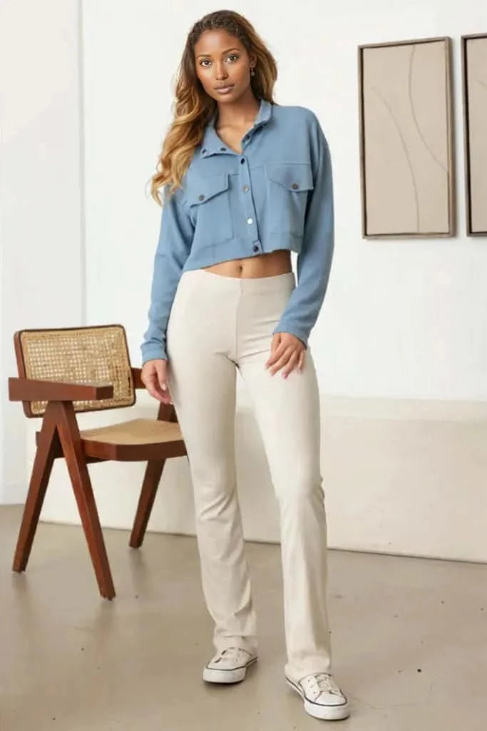 Two Pocket Long Sleeve Crew Neck Crop Jacket