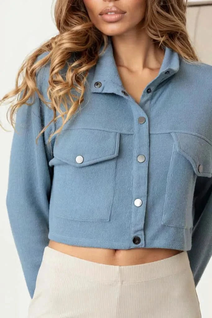 Two Pocket Long Sleeve Crew Neck Crop Jacket