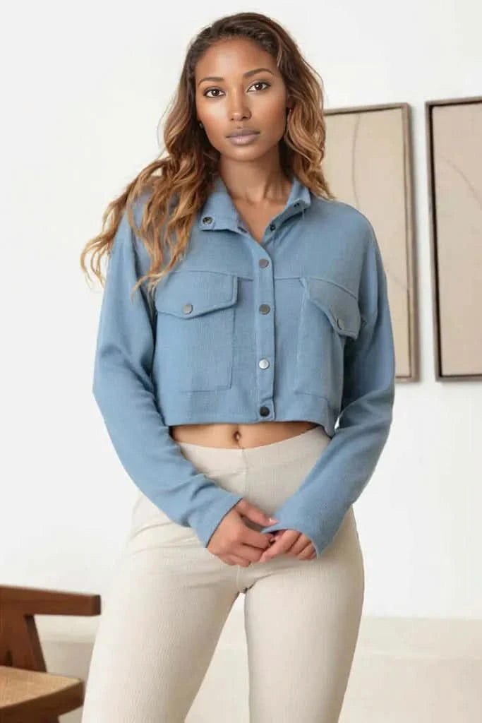 Two Pocket Long Sleeve Crew Neck Crop Jacket L