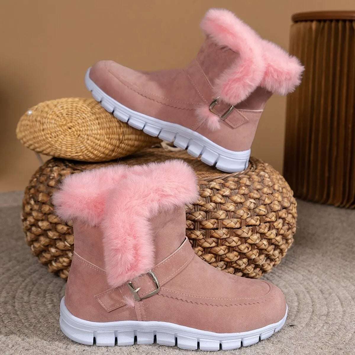 Round Toe Platform Buckle Boots Pink