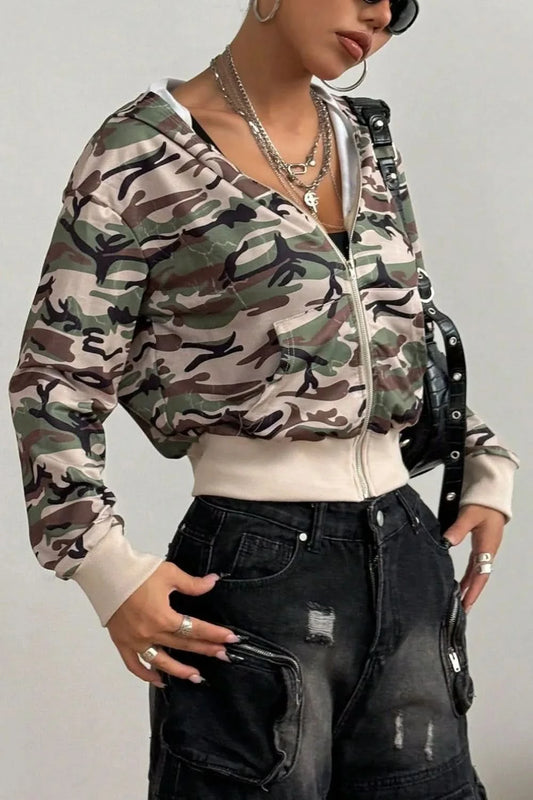 Pocketed Camouflage Zip Up Hooded Jacket Green Camouflage