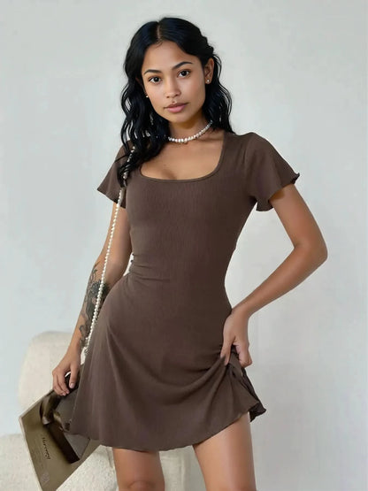Ribbed Back Lace Up Short Sleeve Mini Dress
