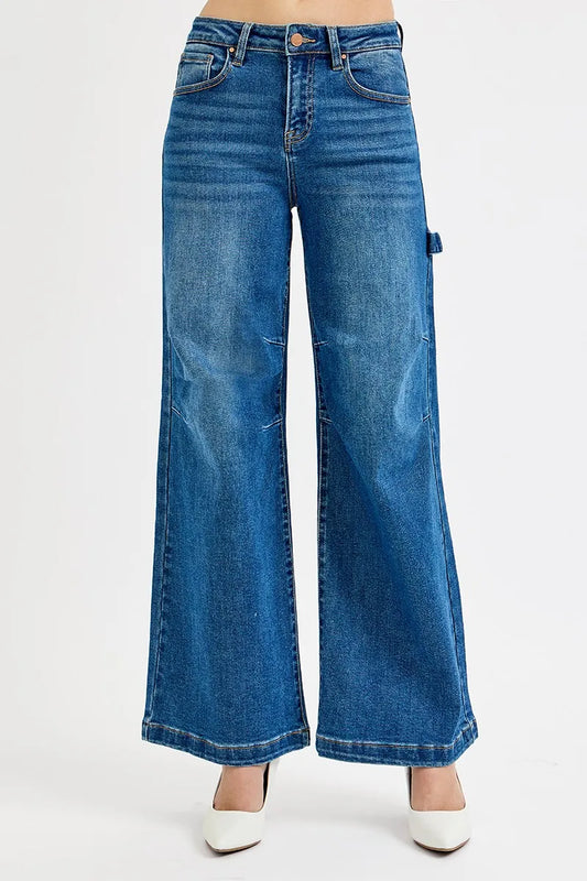RISEN Full Size High Rise Wide Leg Patch Detailed Jeans DARK